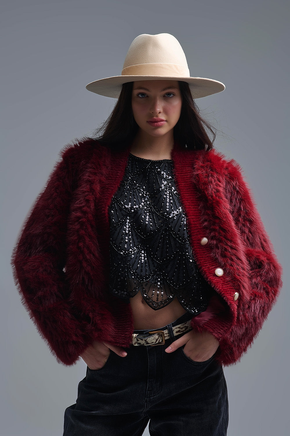 Cropped Jacket in burgundy in fine fur