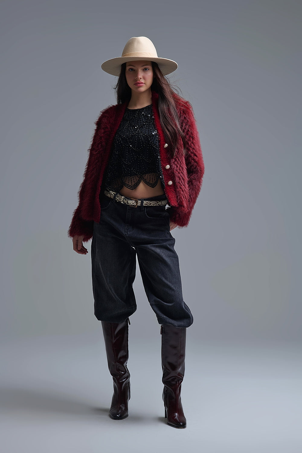Cropped Jacket in burgundy in fine fur