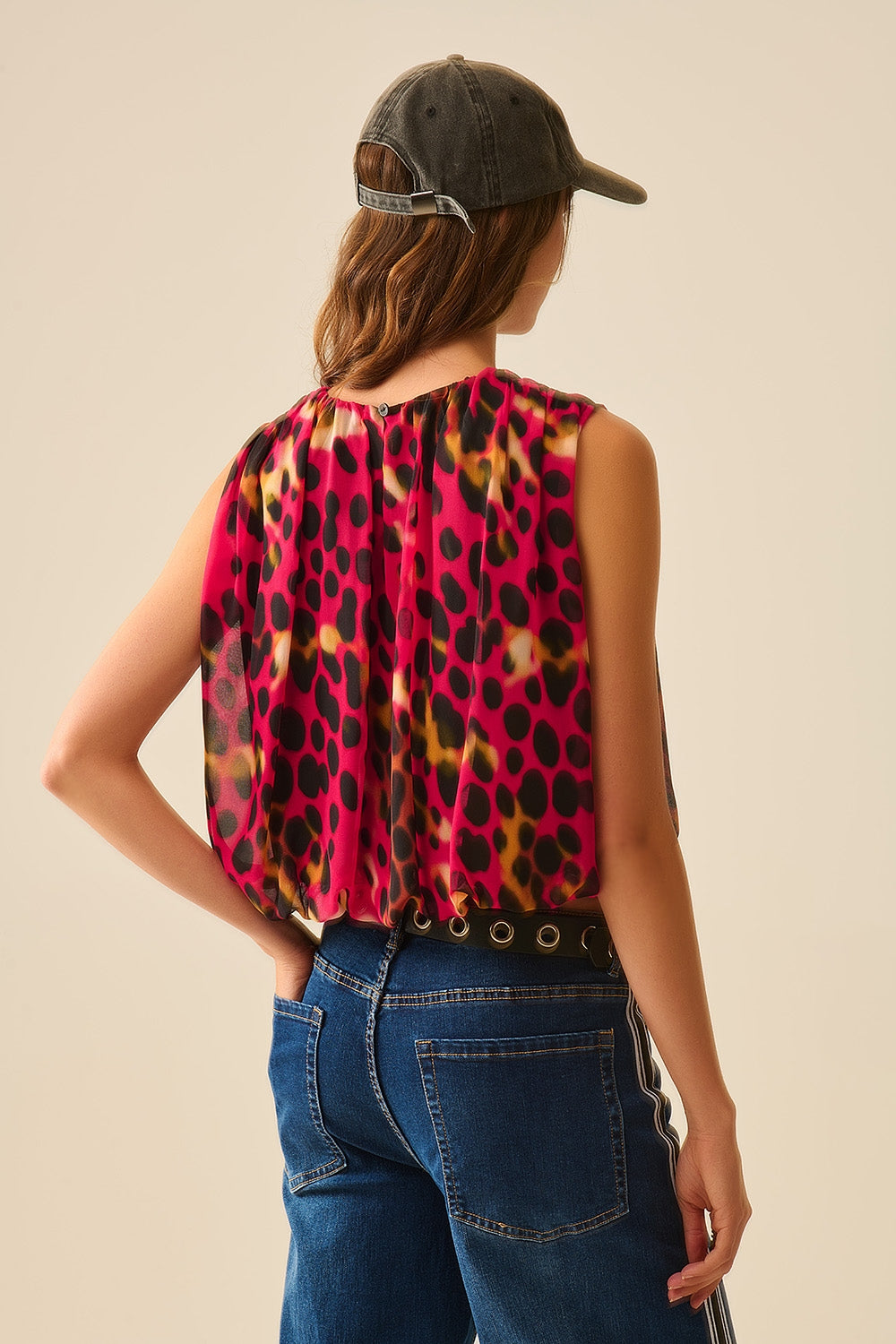 Cropped Pleated Animal Print Top in Red and Black