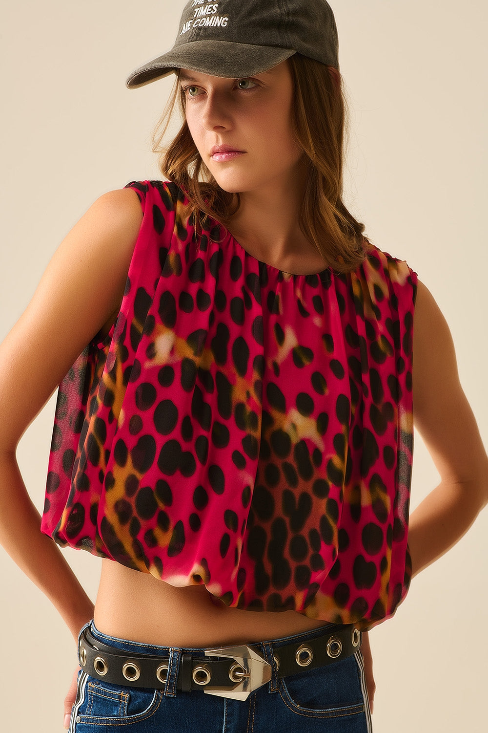 Q2 Cropped Pleated Animal Print Top in Red and Black