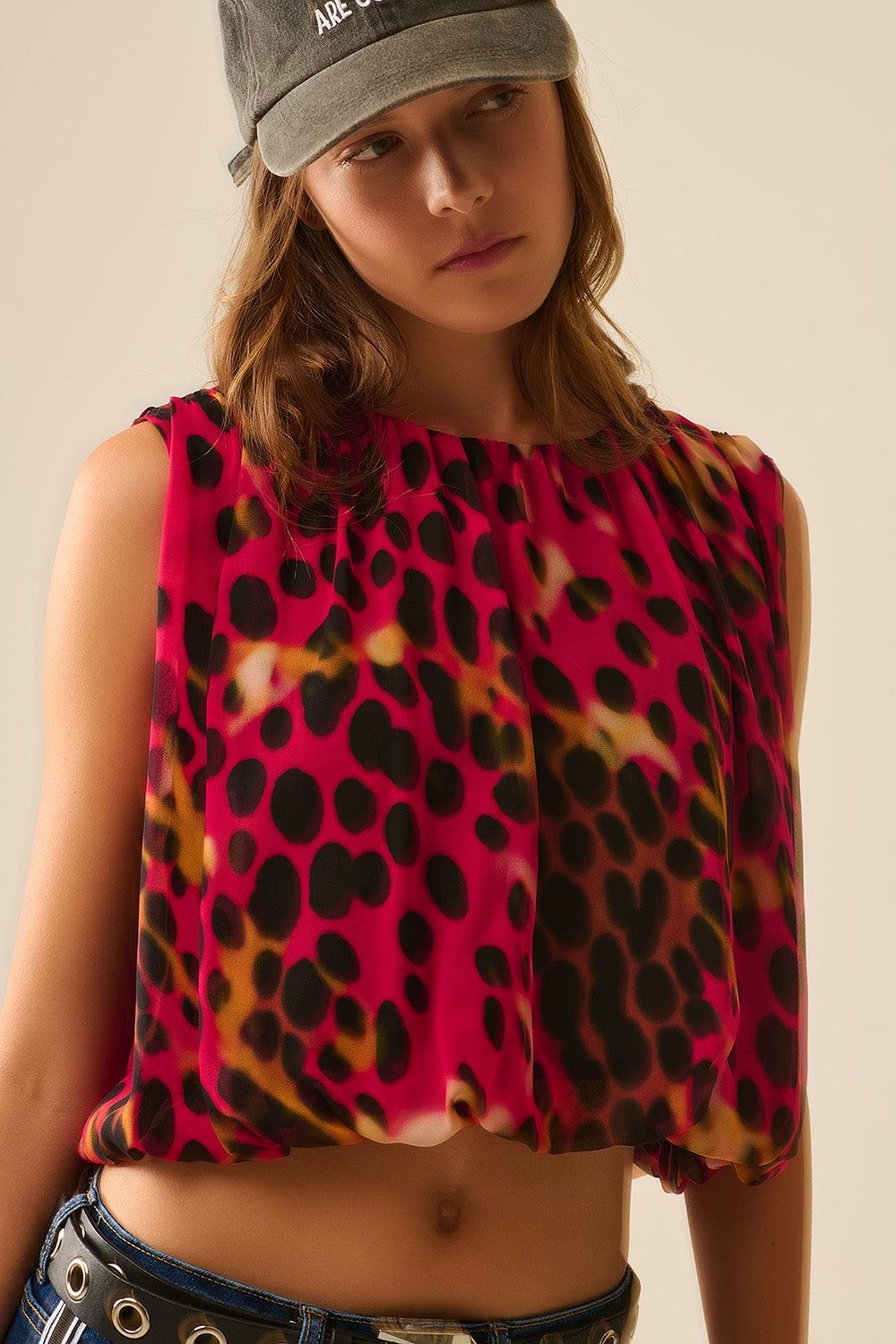 Cropped Pleated Animal Print Top in Red and Black