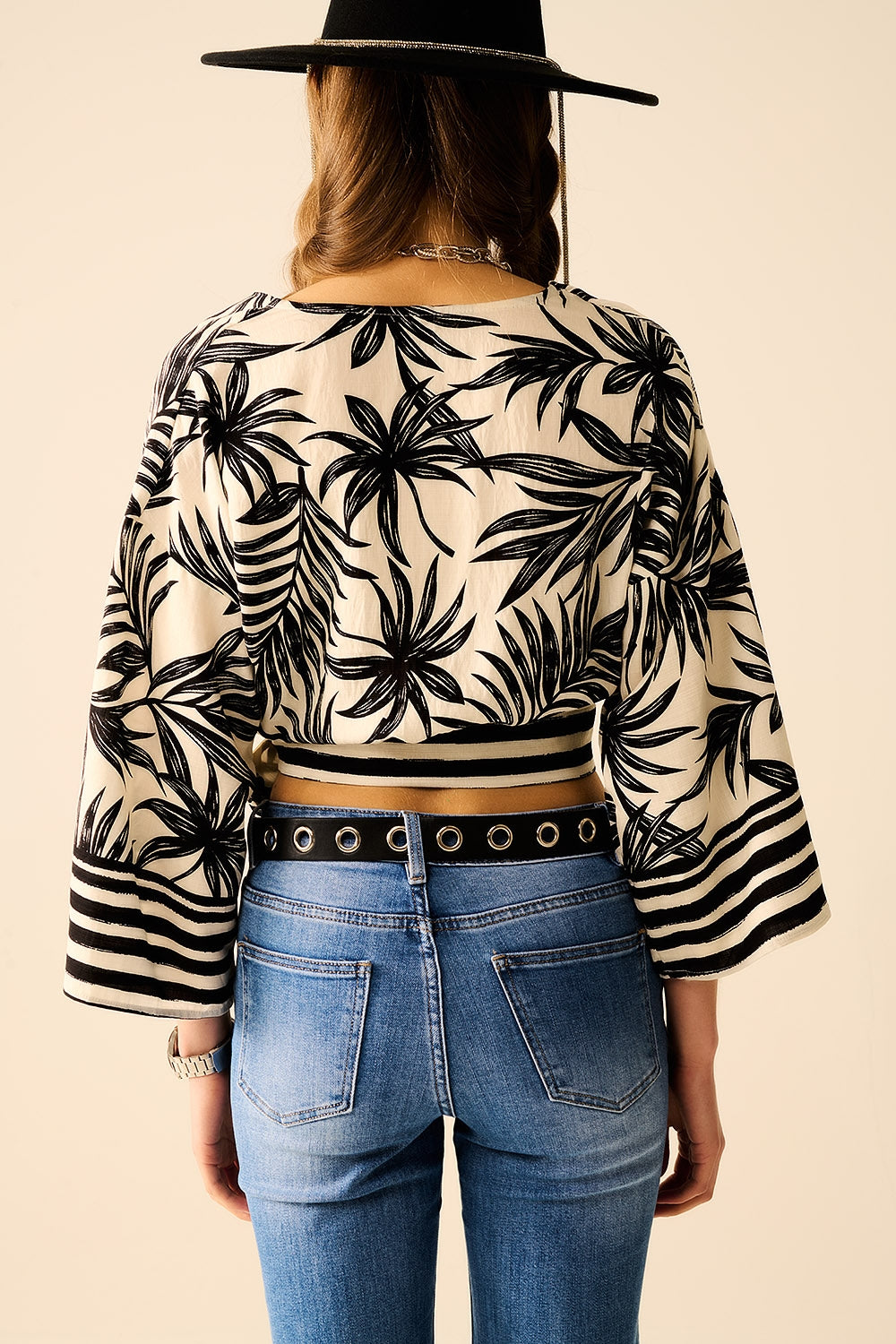 Cropped Top In White With Tropical Motif in Black
