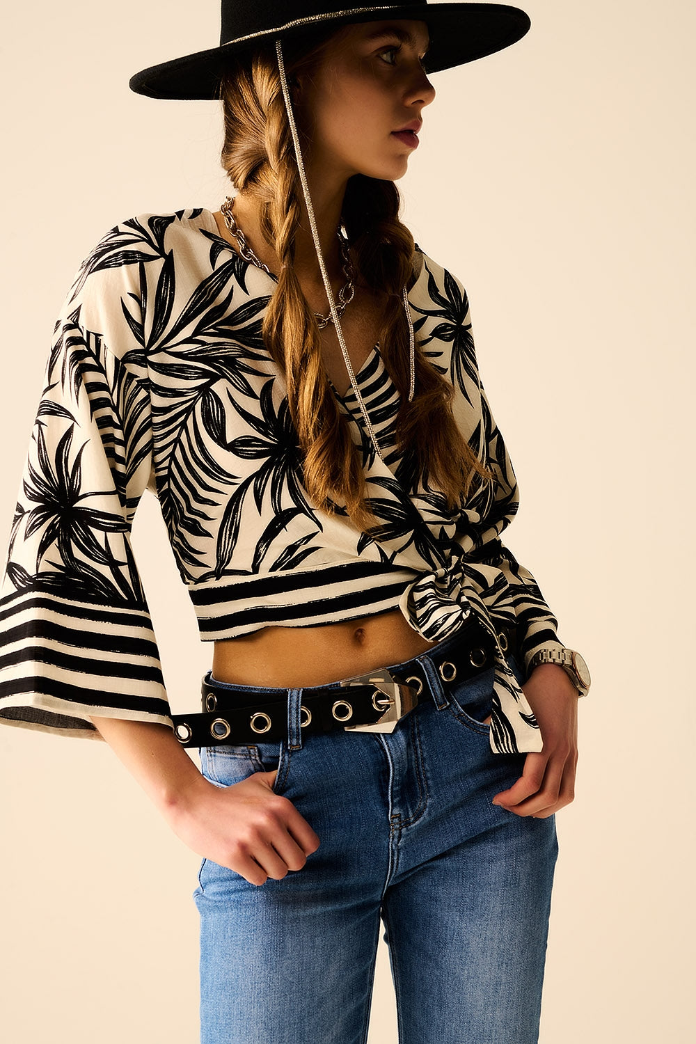 Cropped Top In White With Tropical Motif in Black