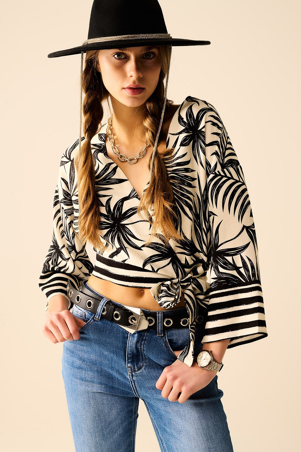 Cropped Top In White With Tropical Motif in Black