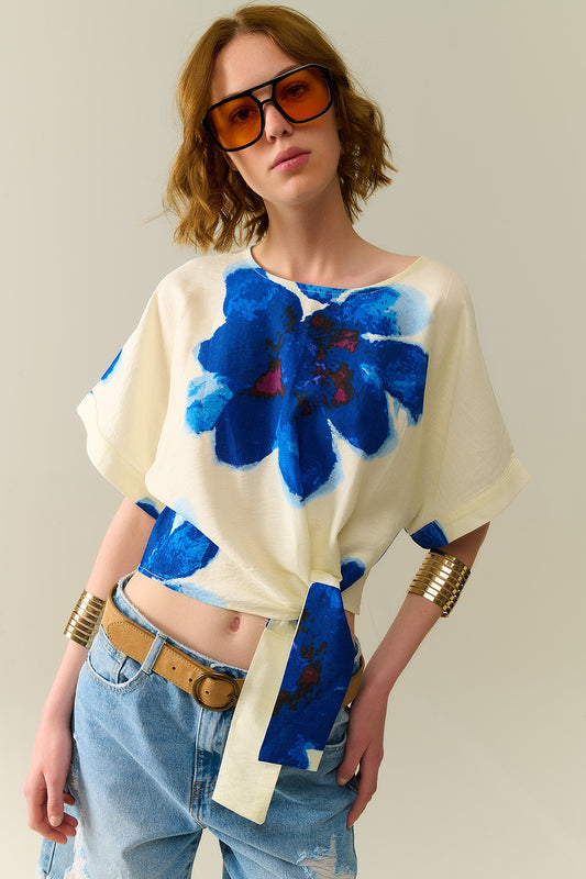 Q2 Cropped white Blouse With Tropical Floral Print in Blue