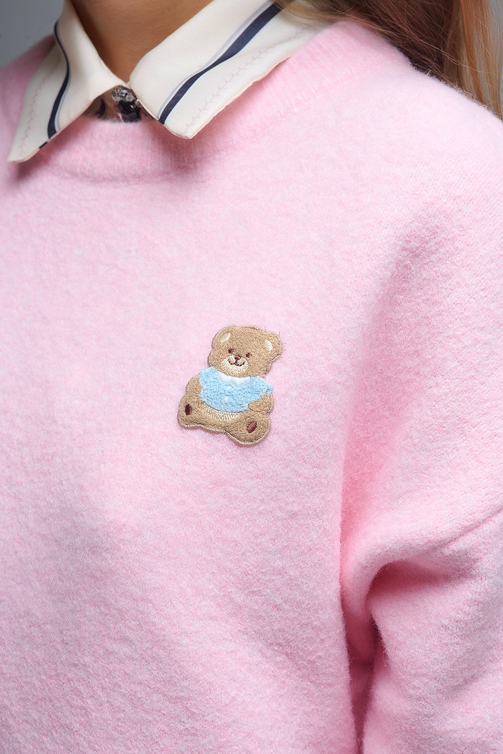 Cute Pink Cropped Bear Patch Sweater