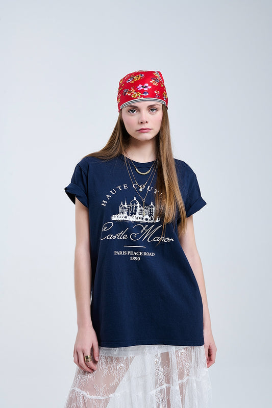 Q2 Dark Blue T Shirt With Castle Manor Design