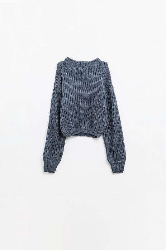 Q2 Dark grey chunky knit sweater with balloon sleeves