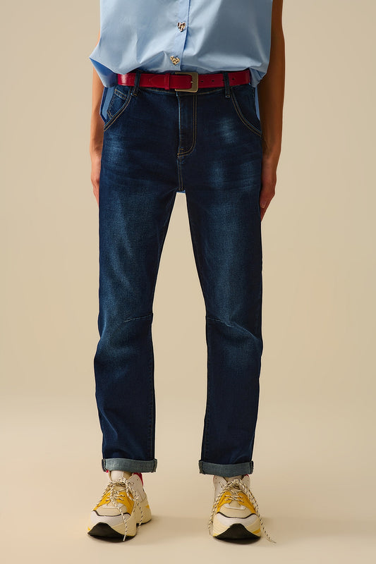Q2 Dark wash jeans with contrast stitching and cuffed hems