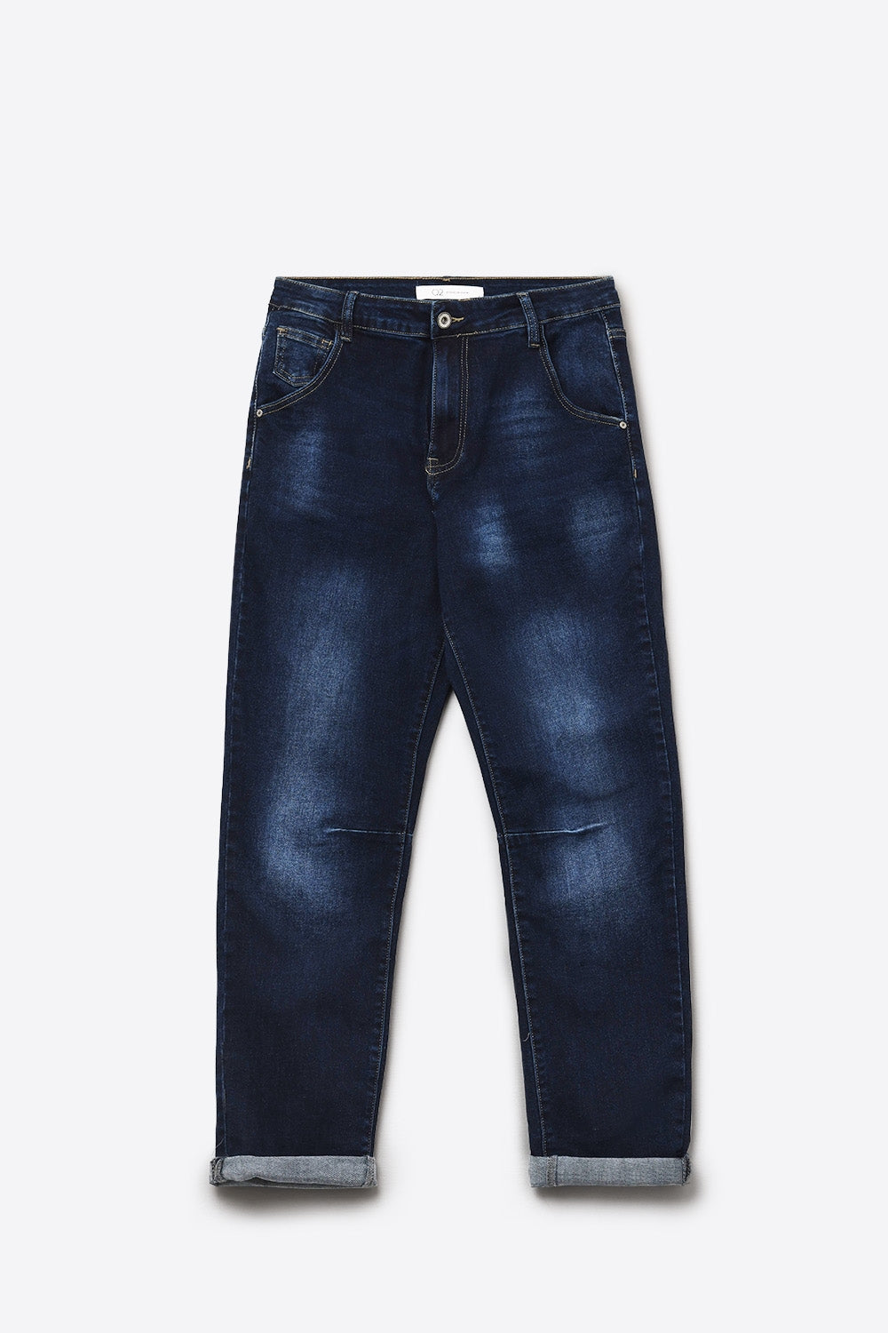 Dark wash jeans with contrast stitching and cuffed hems