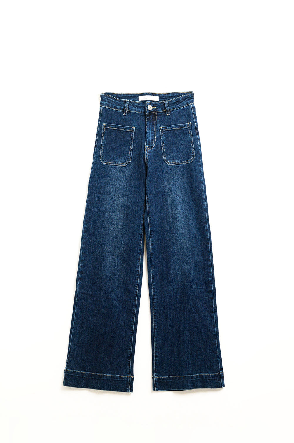 Dark wash jeans with wide leg and pockets