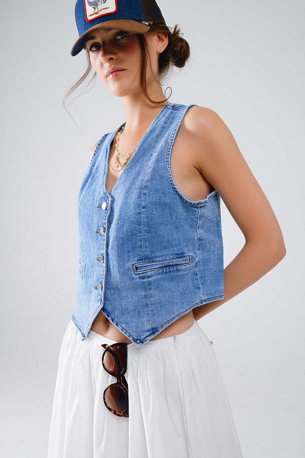 Denim Vest With Button Placket In Mid Wash