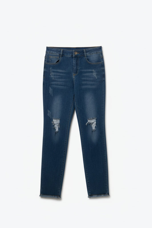 Q2 Distressed Skinny Jeans in Mid wash With Raw Edge