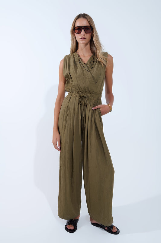 Q2 draped olive jumpsuit in crinkled fabric