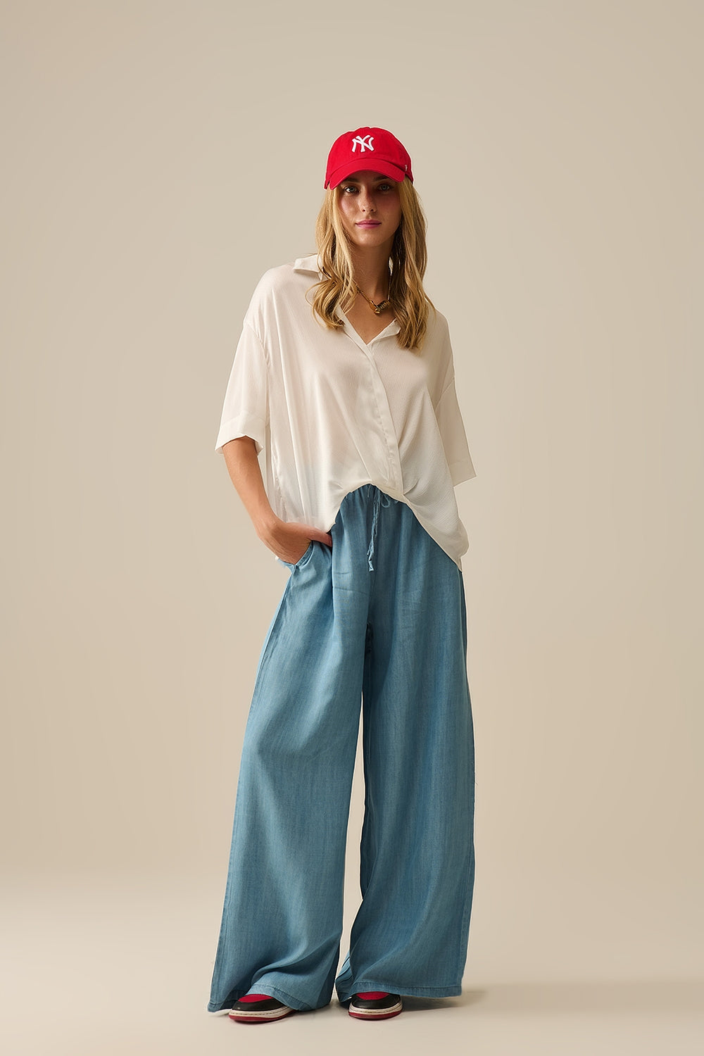 Draped Short Sleeve Blouse in White