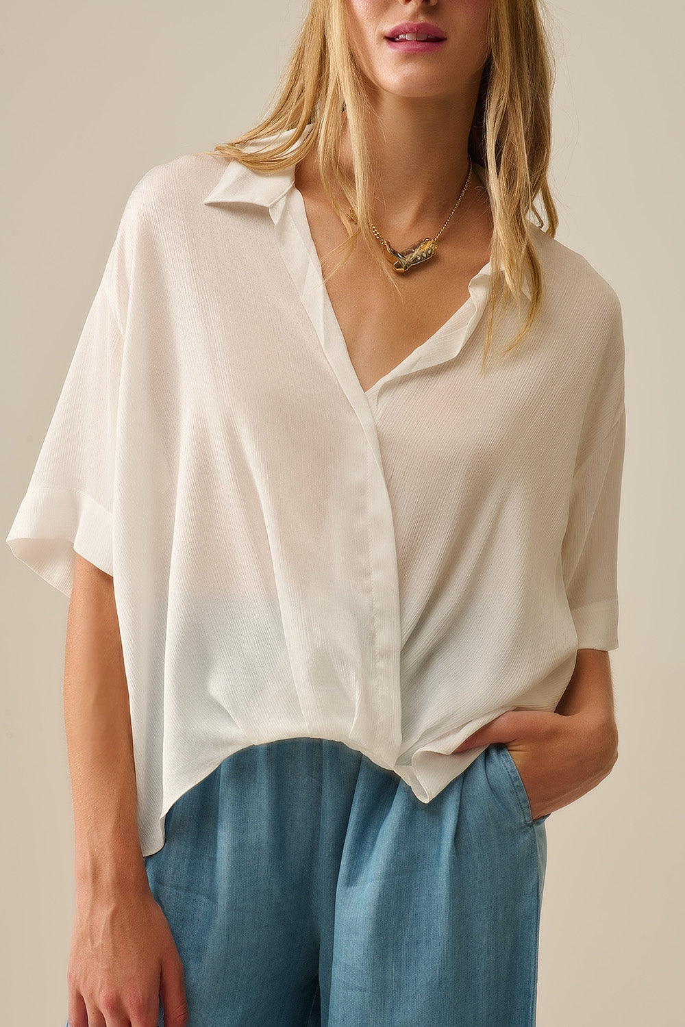Draped Short Sleeve Blouse in White