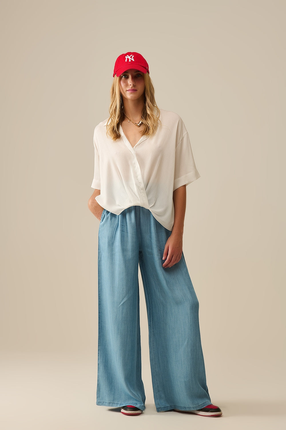 Draped Short Sleeve Blouse in White