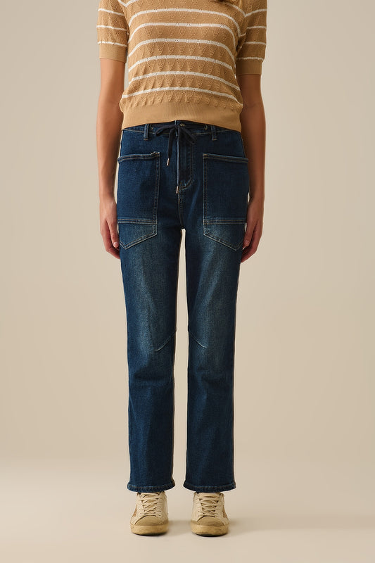 Q2 Drawstring Waist Wide-Leg Jeans in Dark wash