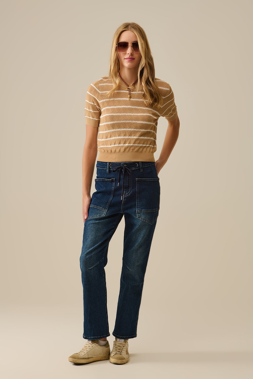 Drawstring Waist Wide-Leg Jeans in Dark wash