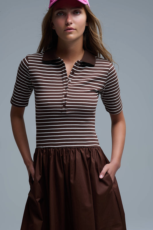 Jurk met polo-streeptop en poplin midi-rok in bruin