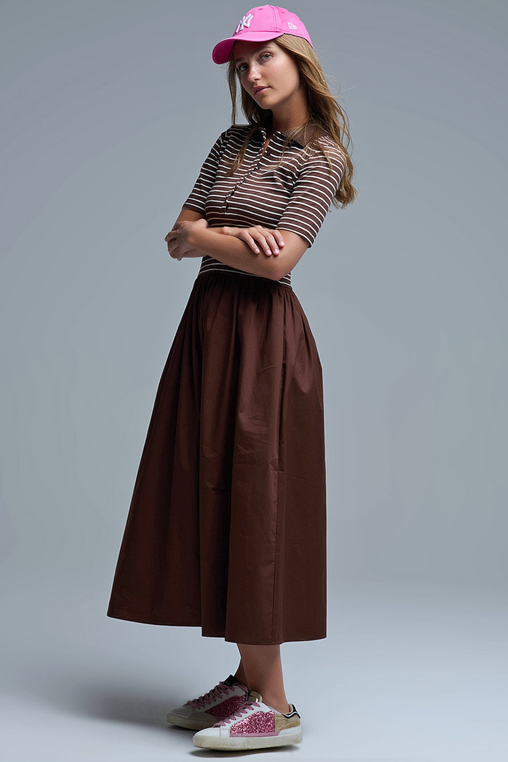 Dress With Polo Striped Top and Poplin midi Skirt in Brown