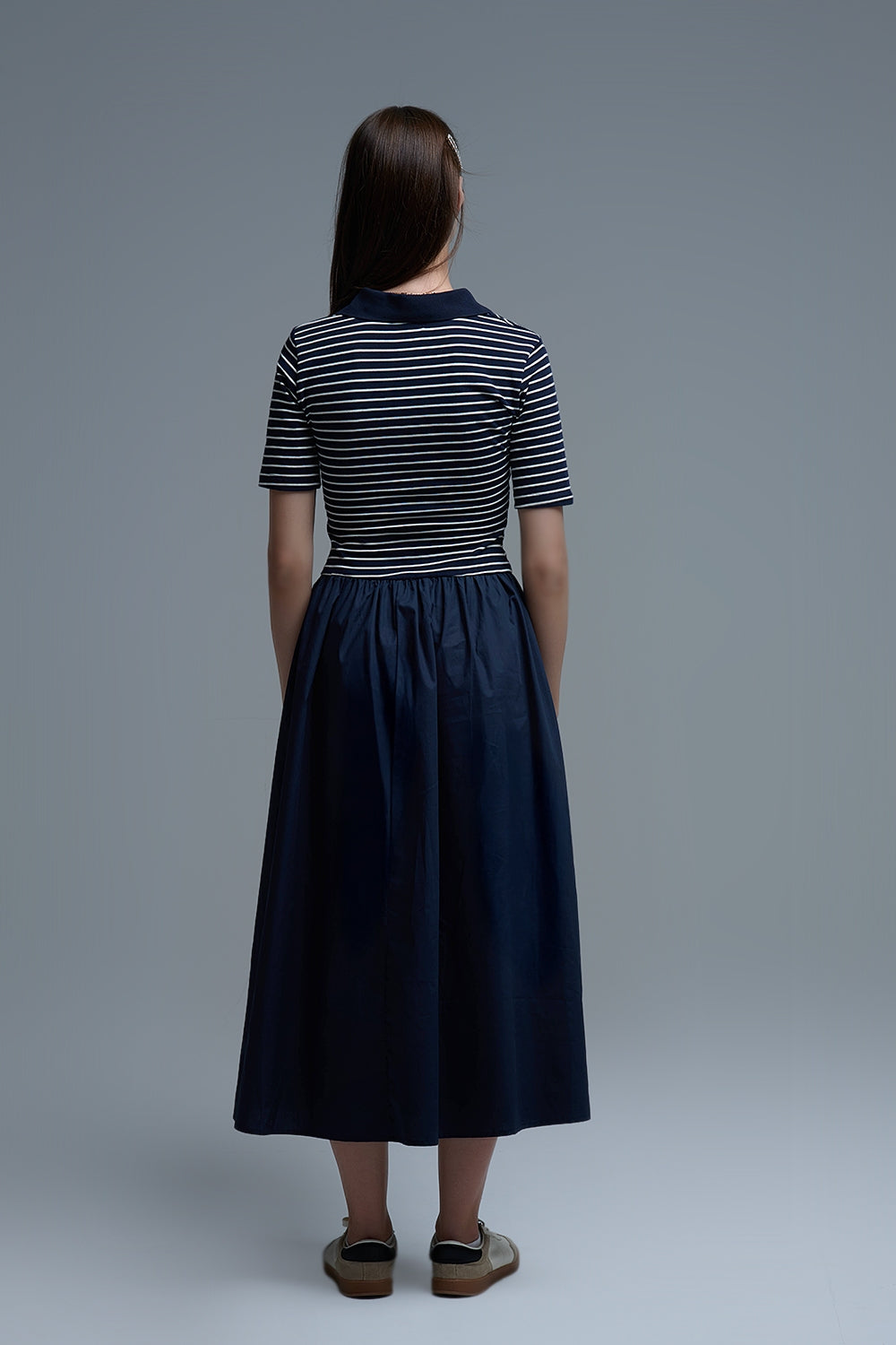 Dress With Polo Striped Top and Poplin midi Skirt in Navy
