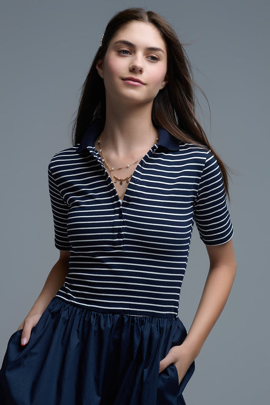 Jurk met polo-streeptop en poplin midi-rok in marineblauw