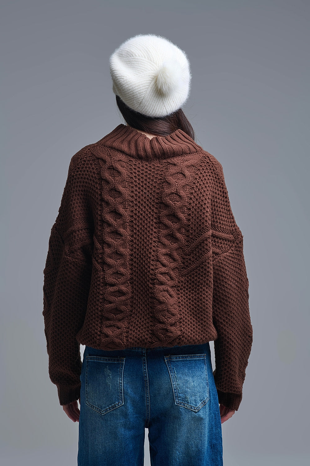 Dropped Shoulder Chunky Cable Knit Brown Pullover