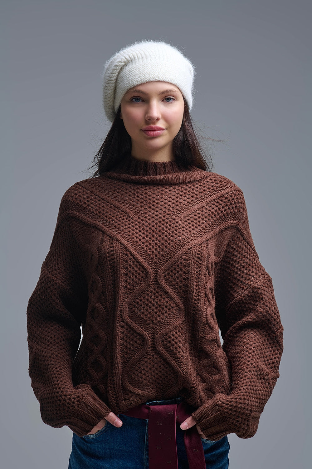 Dropped Shoulder Chunky Cable Knit Brown Pullover