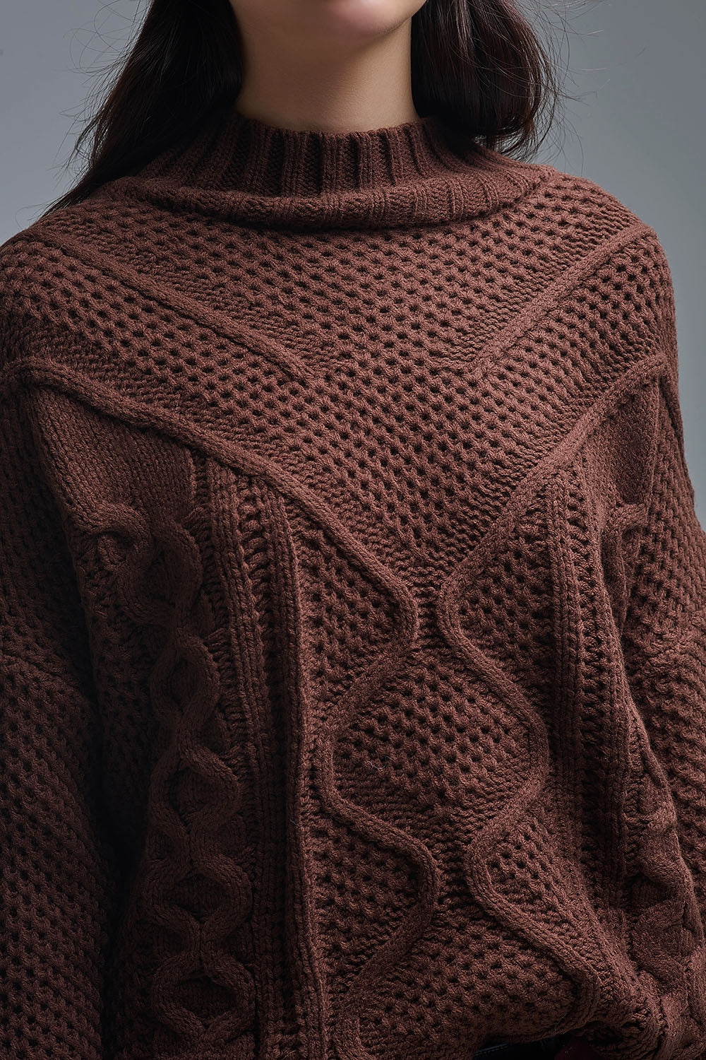 Dropped Shoulder Chunky Cable Knit Brown Pullover