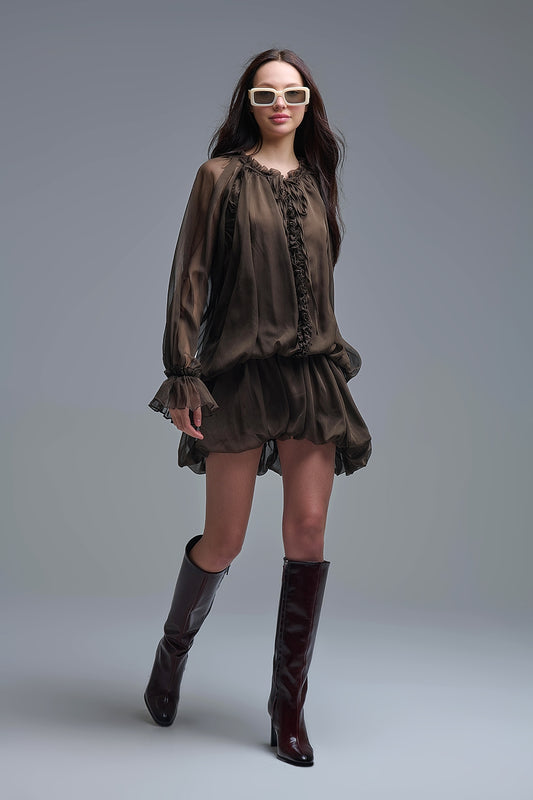 Q2 Dropped Waist Romantic Chiffon Brown Dress