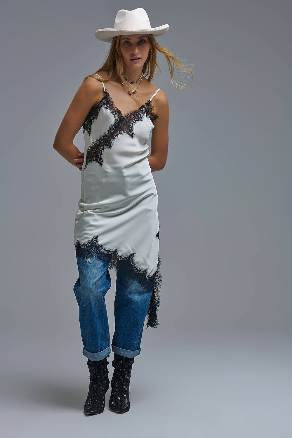 Elegant Asymmetrical White Satin Lace Dress