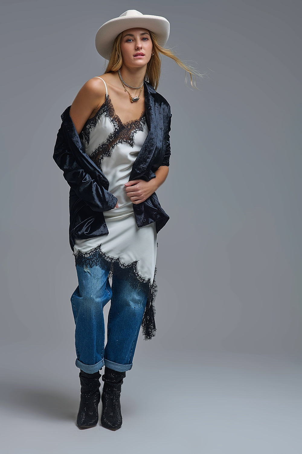 Elegant Asymmetrical White Satin Lace Dress