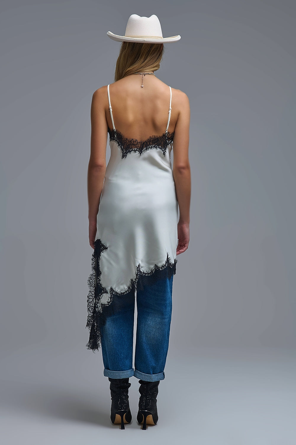 Elegant Asymmetrical White Satin Lace Dress