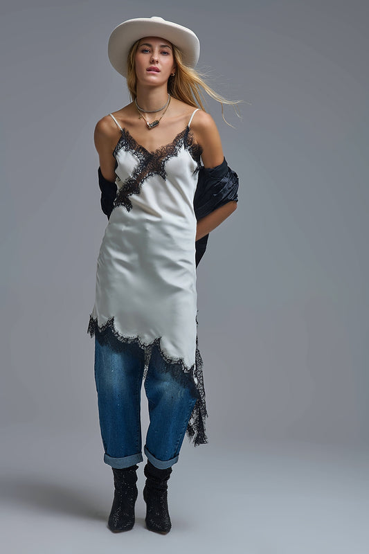 Q2 Elegant Asymmetrical White Satin Lace Dress