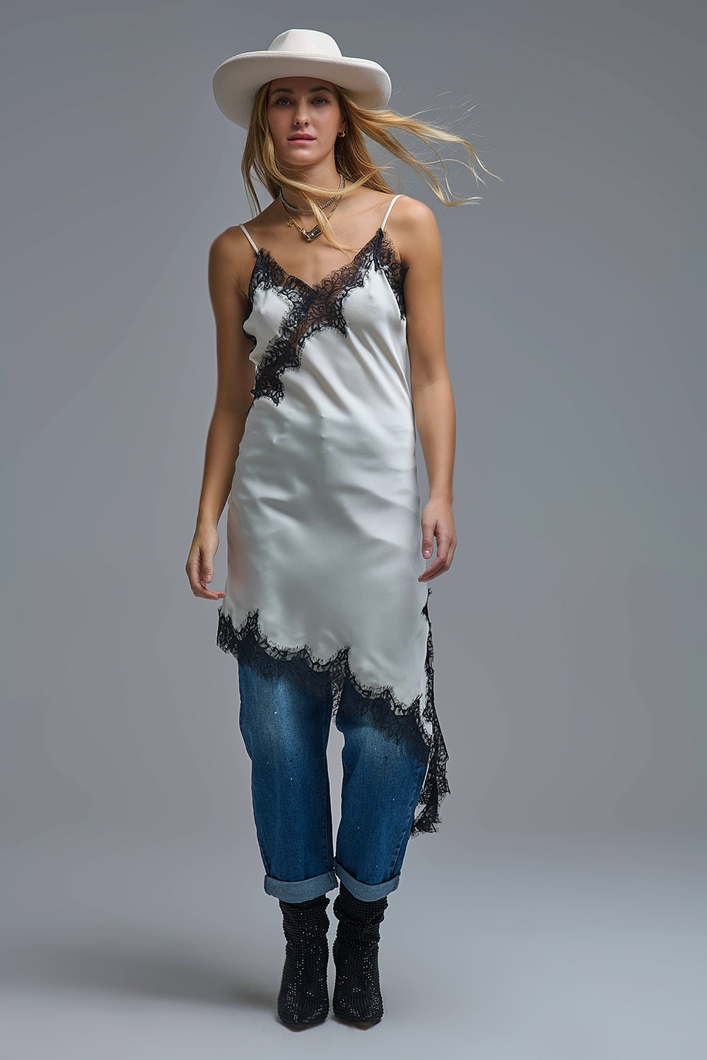 Elegant Asymmetrical White Satin Lace Dress