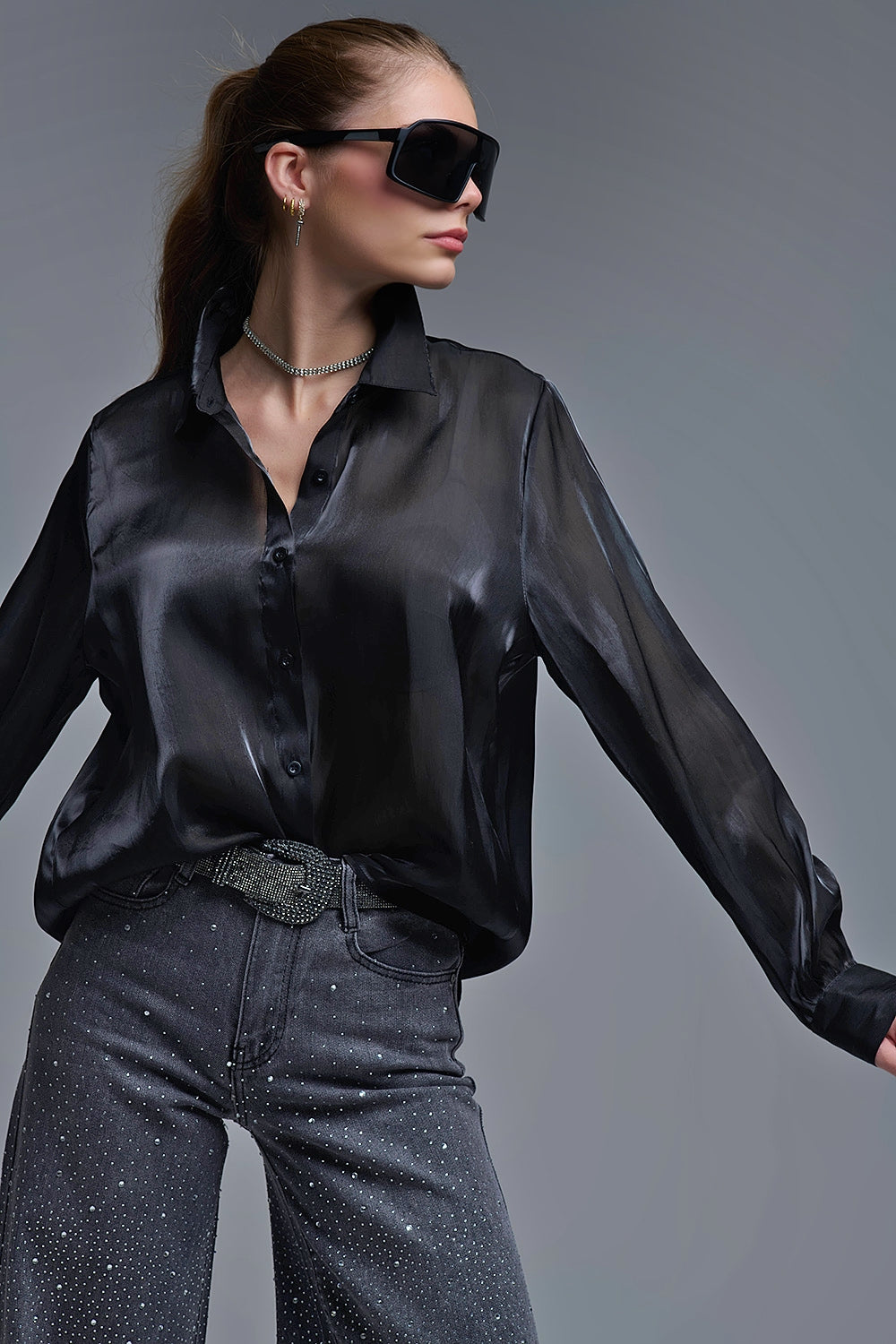 Elegant Black Shirt in Satin Silk