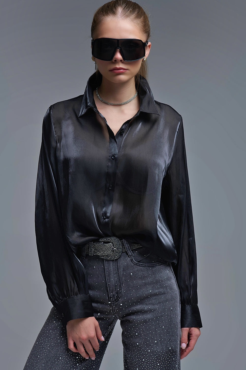 Q2 Elegant Black Shirt in Satin Silk