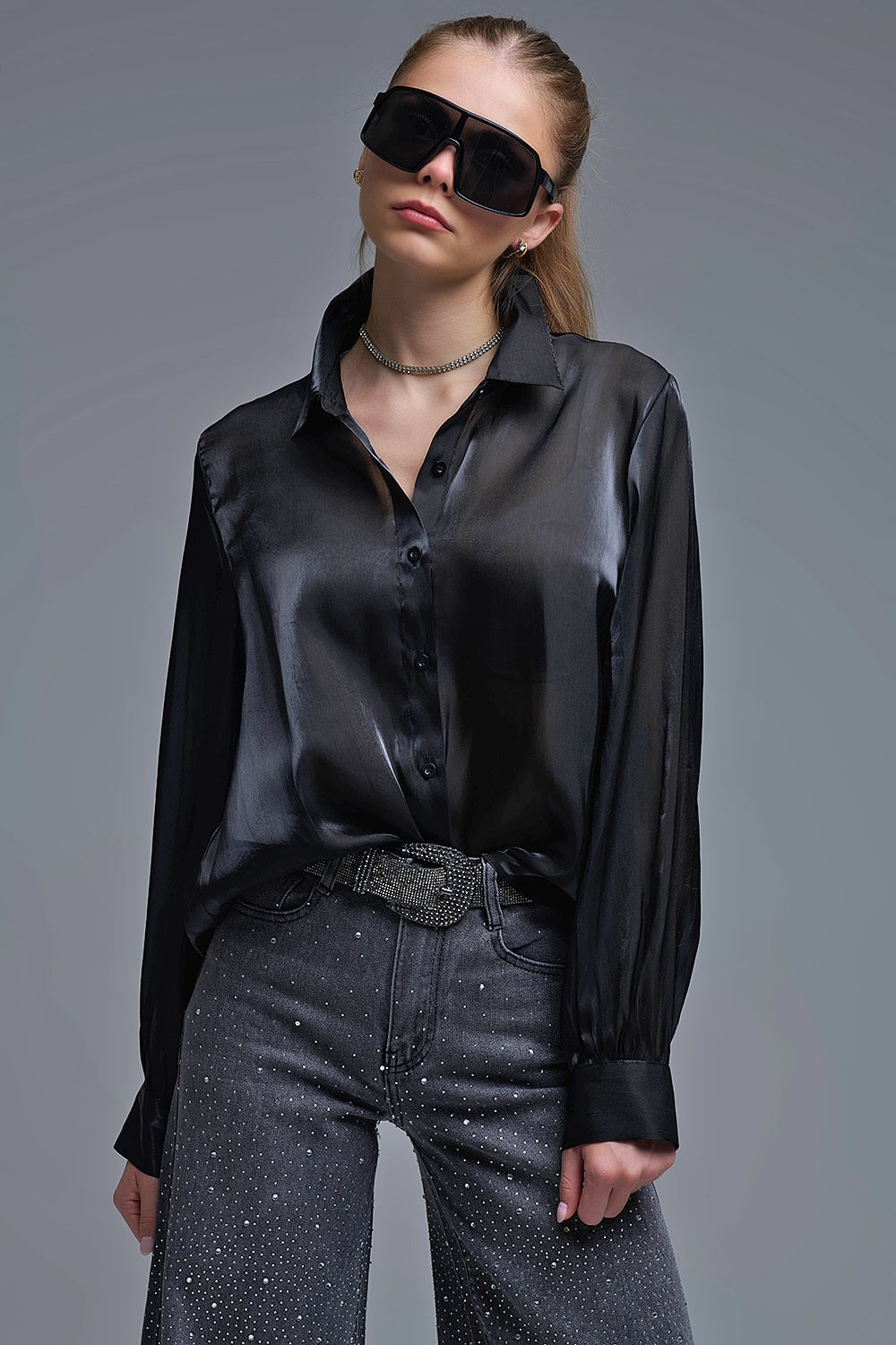 Elegant Black Shirt in Satin Silk