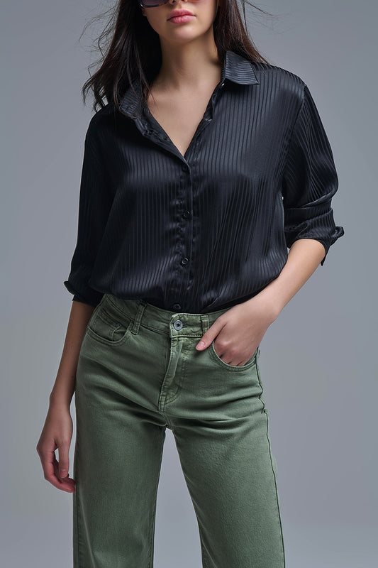Q2 Elegant Black Striped Satin Shirt