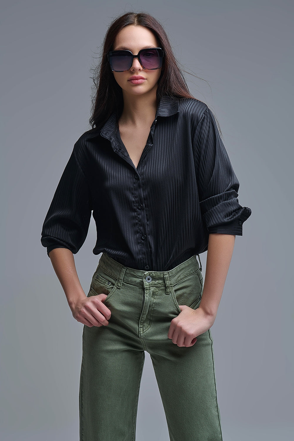 Elegant Black Striped Satin Shirt