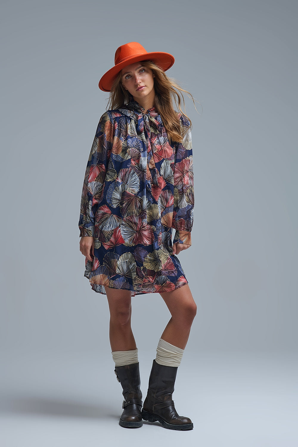 Q2 Elegant Floral A-Line Tie Neck Dress