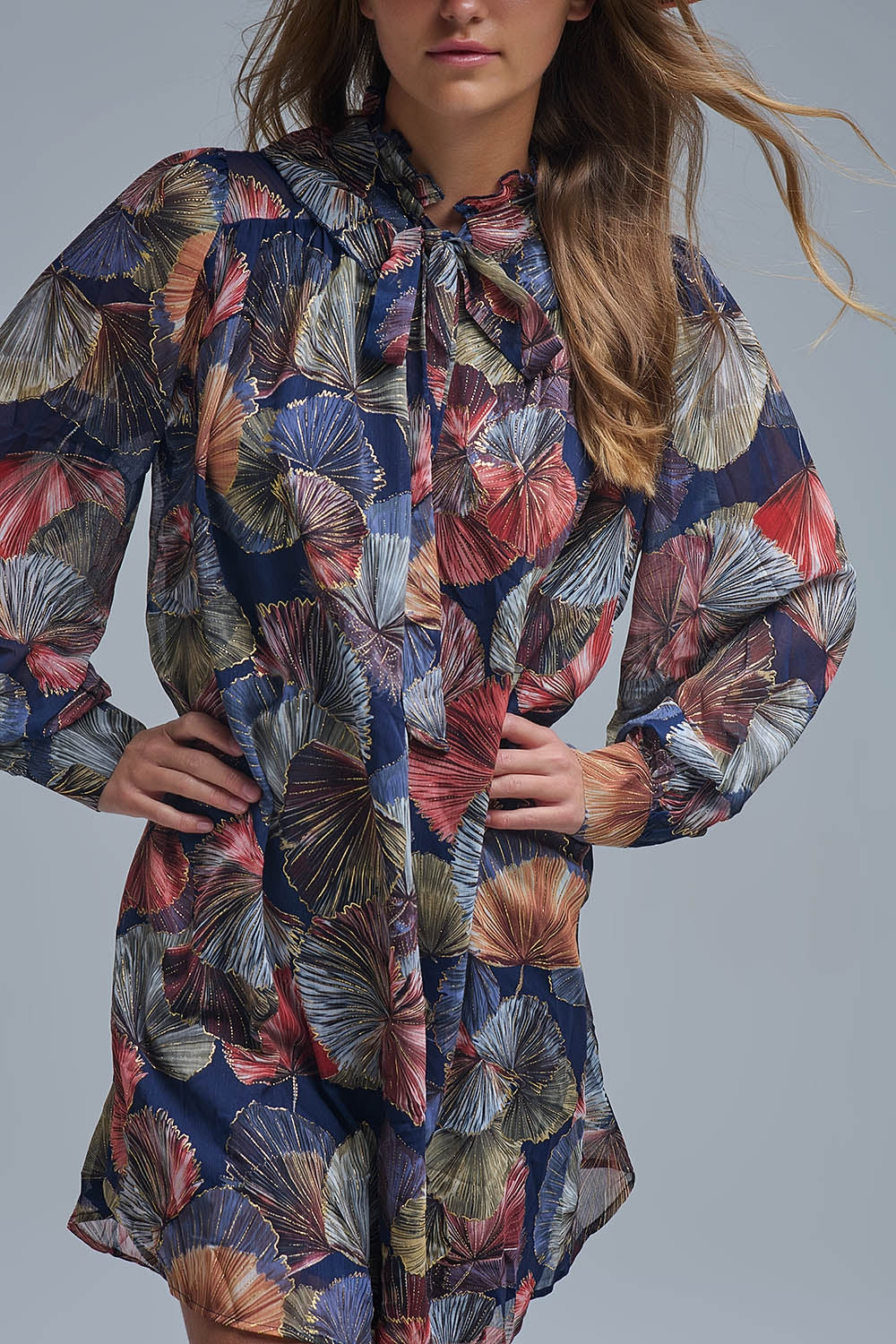 Elegant Floral A-Line Tie Neck Dress