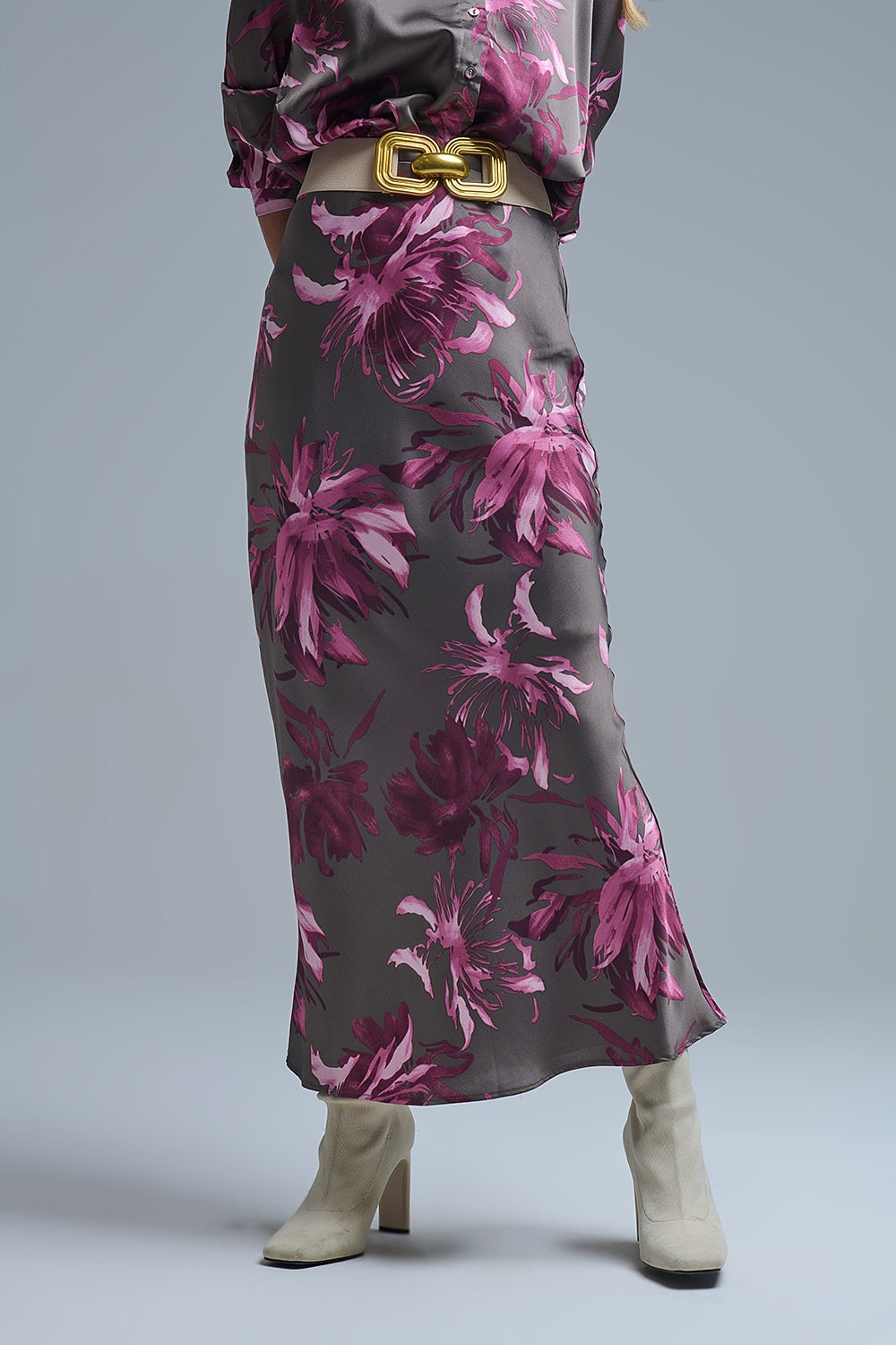 Q2 Elegant Floral Midi Skirt made in satin grey