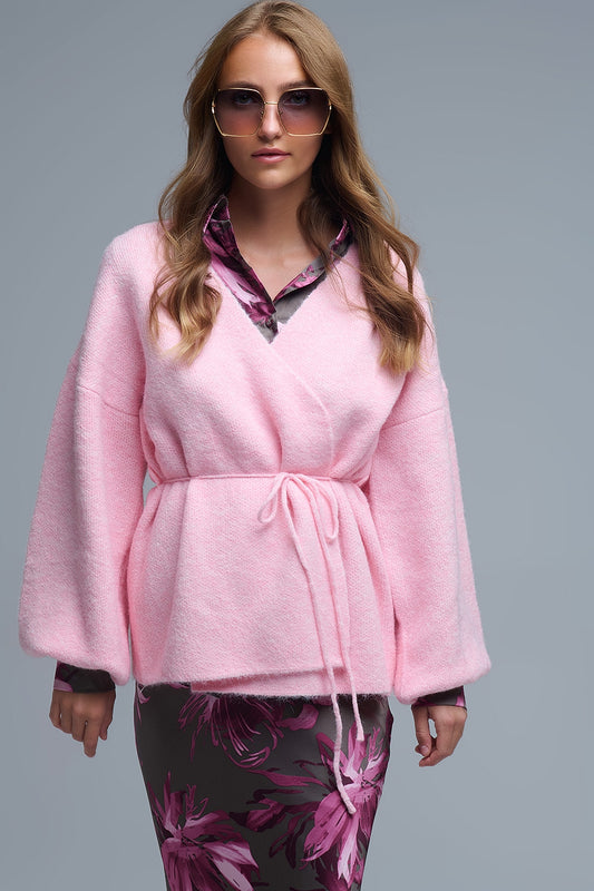 Q2 Elegant Pink Wrap Knitted Cardigan