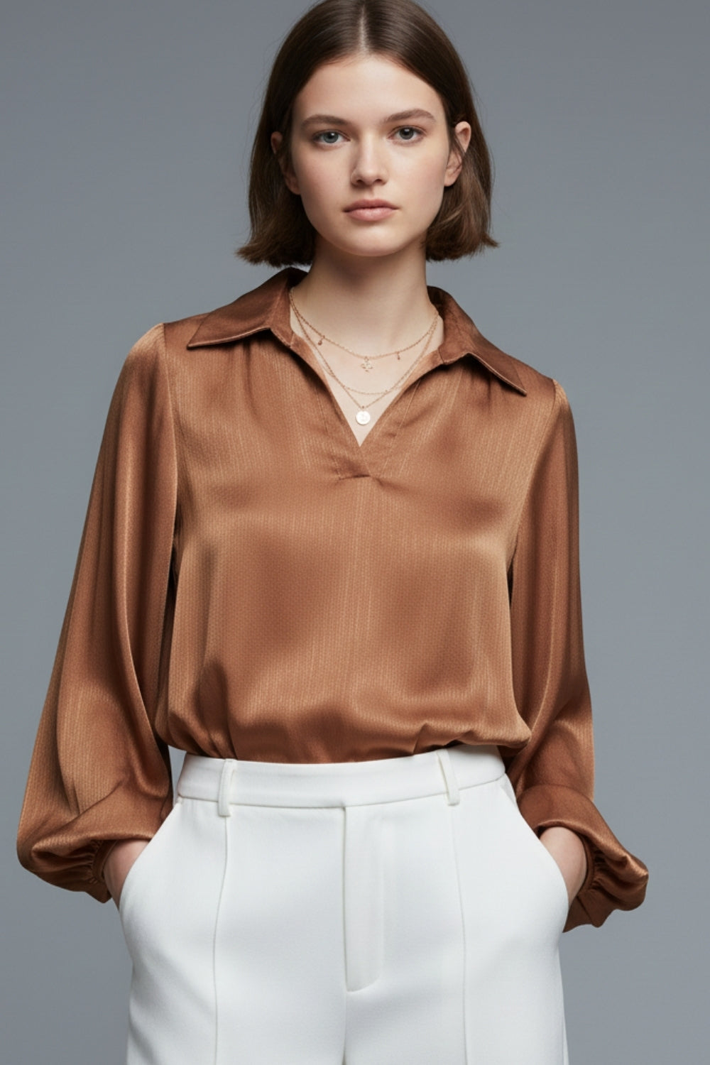 Elegant shiny Satin Cropped top in camel