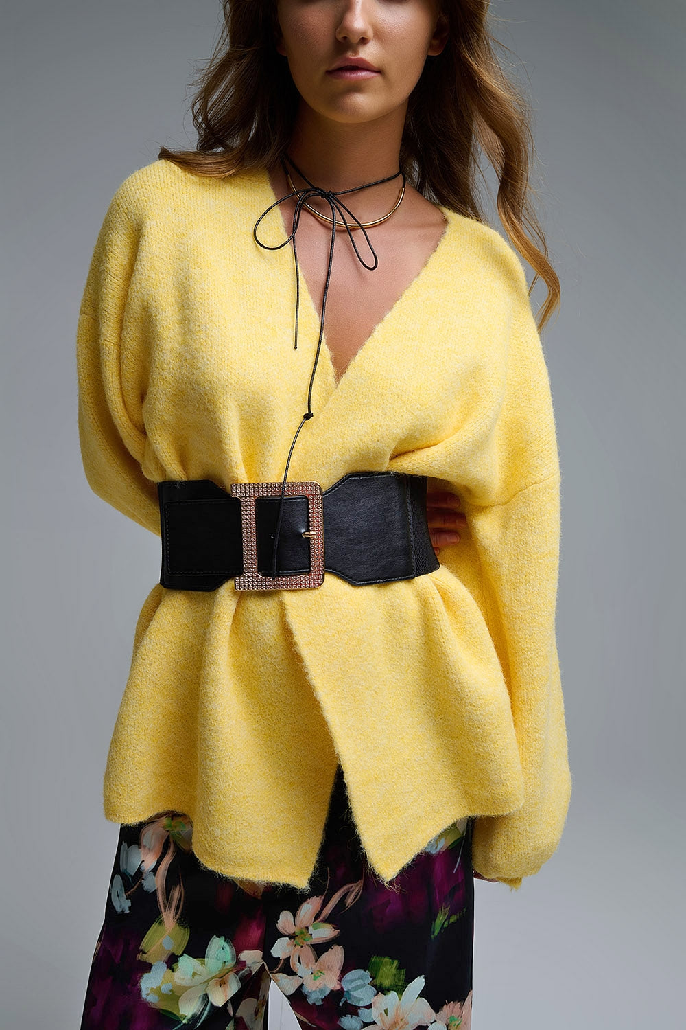Elegant Yellow Wrap Knitted Cardigan