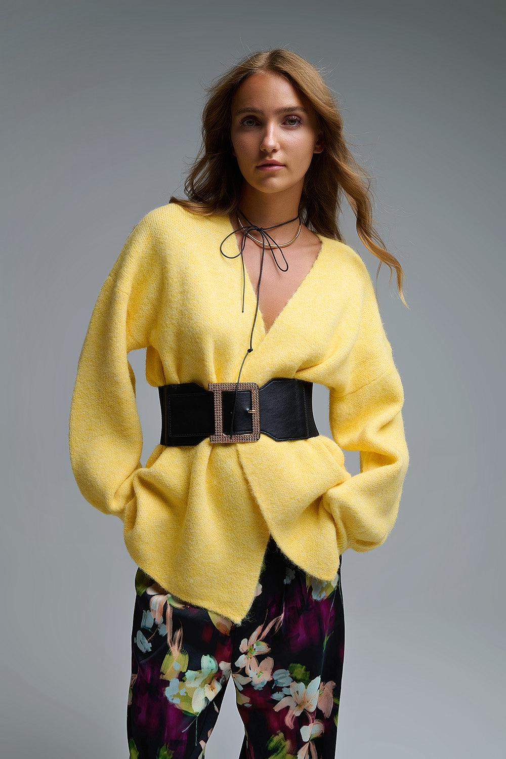 Q2 Elegant Yellow Wrap Knitted Cardigan