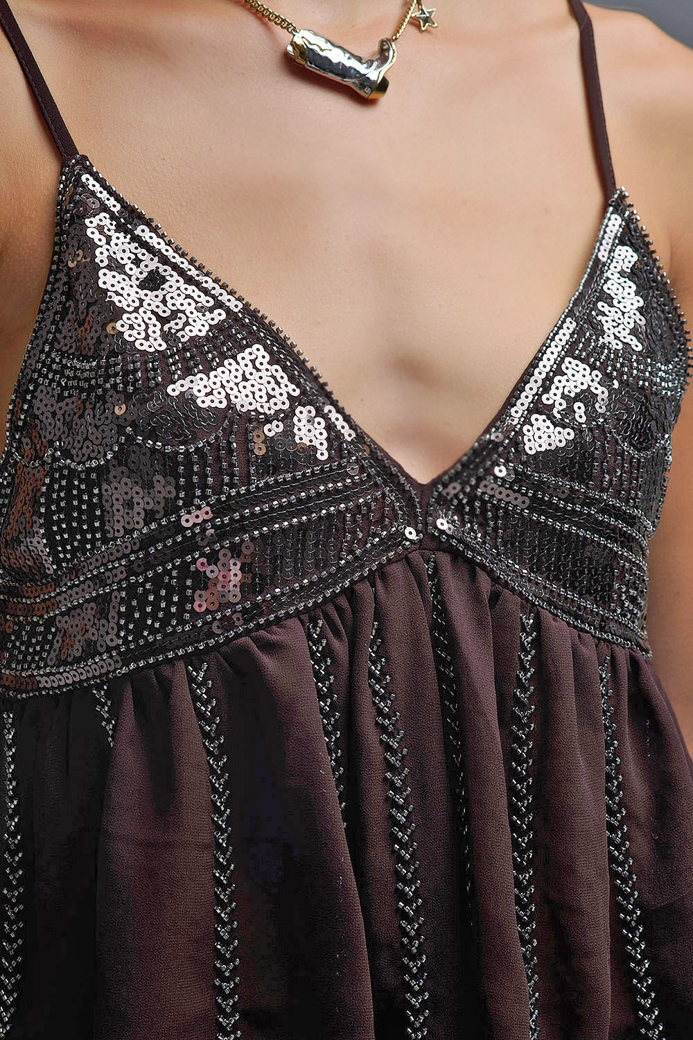 Embellished Sequin Camisole Top in brown
