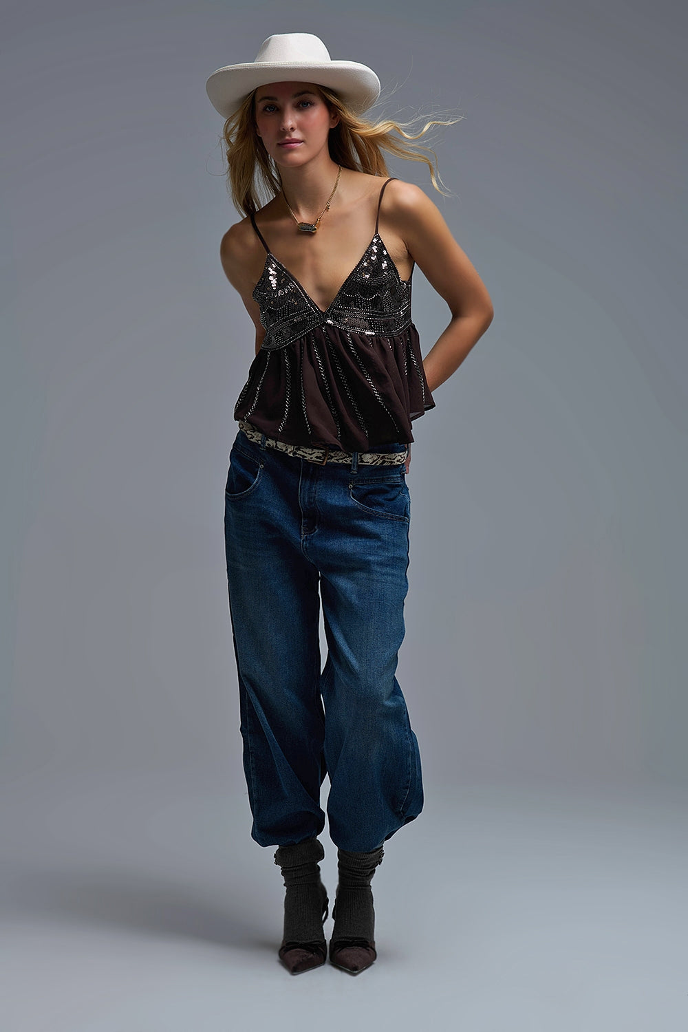 Embellished Sequin Camisole Top in brown